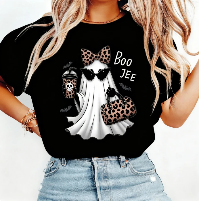 2025 Boo JEE موضة شبح تي شيرت ليوبارد طباعة اكسسوارات هالوين وقح الروح القطن قميص عصري لطيف مخيف