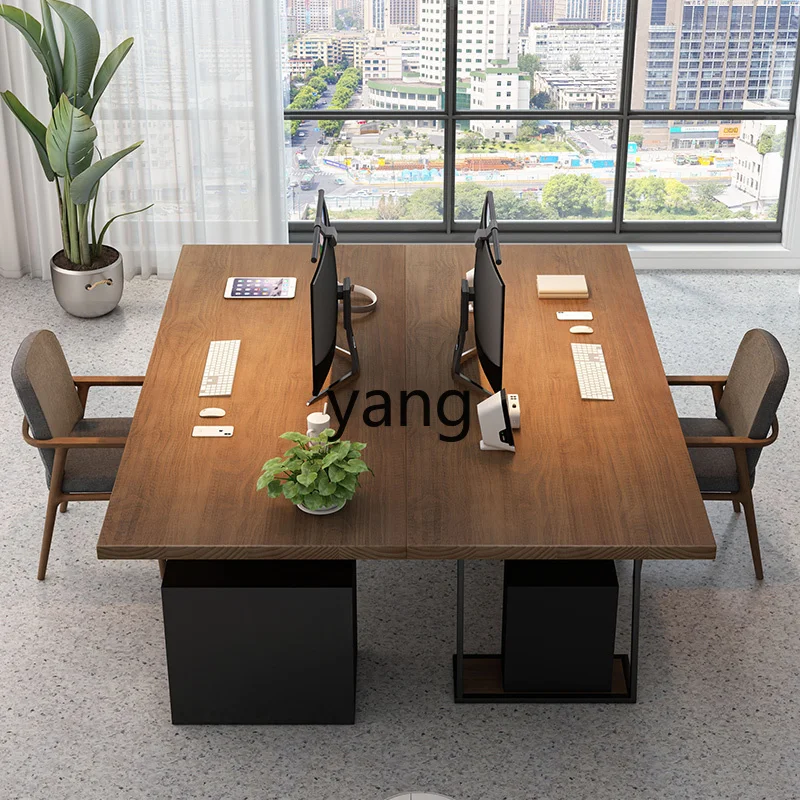 طاولة وكرسي من الخشب الصلب LH، مكتب مزدوج للكمبيوتر المالي مع خزانة جانبية