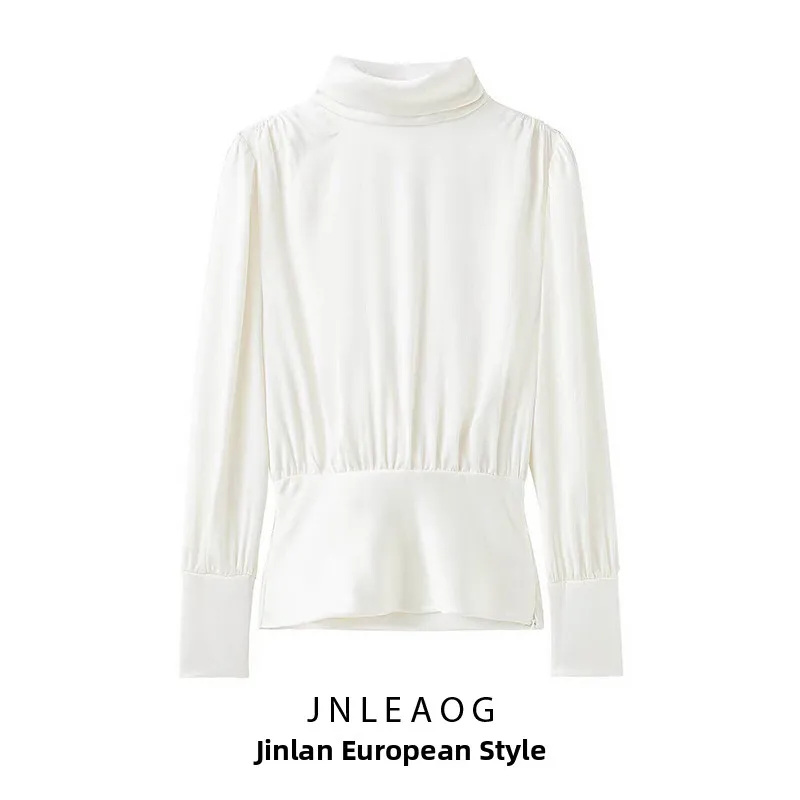 

Silk Satin Feel Bal irt with Knot Design Spring New Arrival Women's Faion Loose Fit Long Sve High Collar