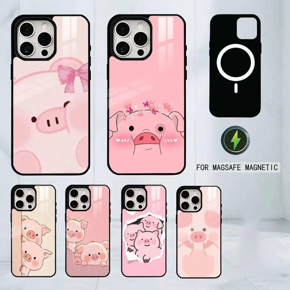 Cartoon Pink Piggy Cute Phone Case For iPhone17,16,15,14,13,12,11 Plus,Pro Magnetic For Magsafe Wireless Charging