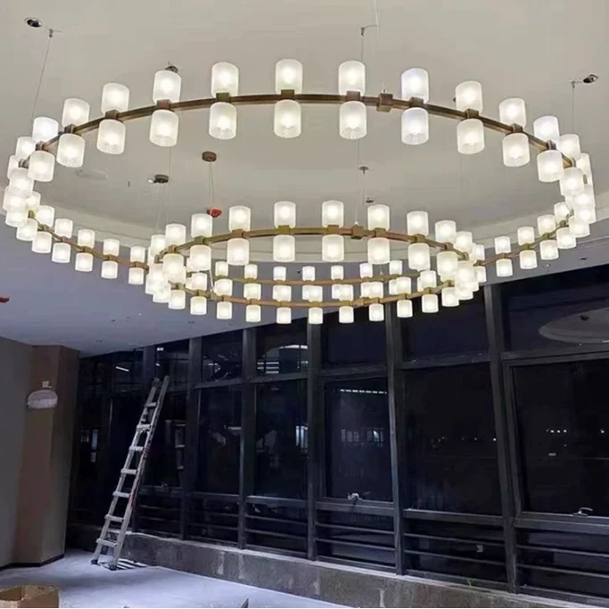 Large Double Ring Circular Chandelier Frosted Glass LED Pendant Light Modern Hanging Lamp for Restaurant  Banquet Hall