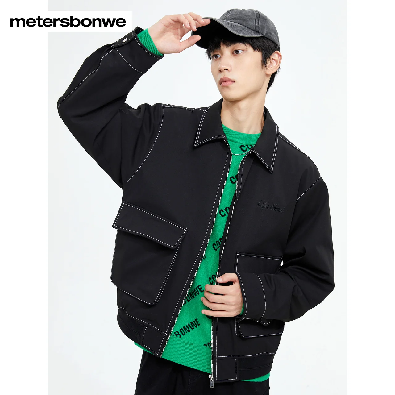 

Metersbonwe-Men's Jacket Trun -Down Collar Loose Solid Color Zipper Jackets Cargo Casual Spring And Autumn