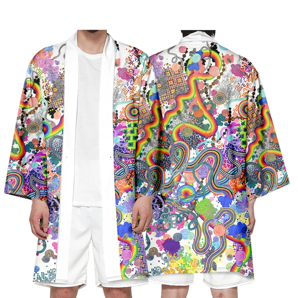 

Men's Japanese Long Kimono Cardigan Boys Samurai Costume Kimono Psychedelic Pattern Kimono Shirt Yukata Outer Cover