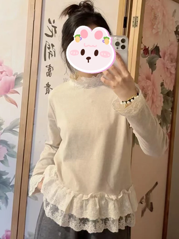 تي شيرت نسائي كوري بياقة عالية وتصميم دانتيل، فضفاض ونحيف، تصميم جديد للشتاء، مناسب للارتداء اليومي والكاجوال