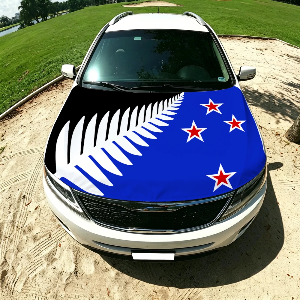 130x160cm New Zealand Silver fern Flag Car Hood Cover, Elastic Windproof Patriotic Bonnet Banner Cheer for the competition