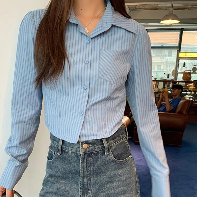 Preppy Style Striped Crop Shirt Women Vintage Blue Jk Long Sleeve Blouse Korean Fashion All Match Slim Fit Female Tops