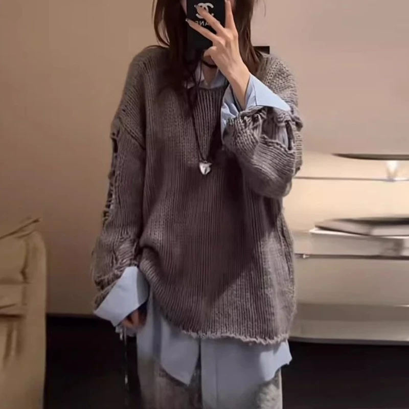 

Autumn Winter Lazy Style Loose Hole Tassel Long-sleeved Sweater Women Loose Wild Sweater Coat