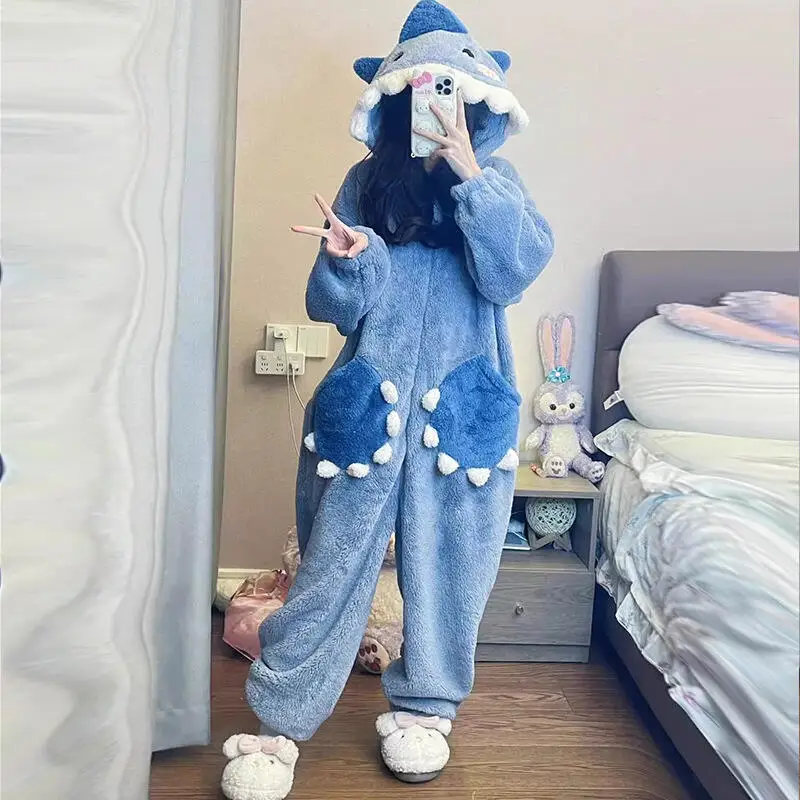 

Осенне-зимние сиамские пижамы с героями мультфильмов для девочек, кавайная домашняя одежда, сохраняющая тепло, ночная рубашка, фланелевая одежда для сна, женский пижамный комплект из кораллового флиса