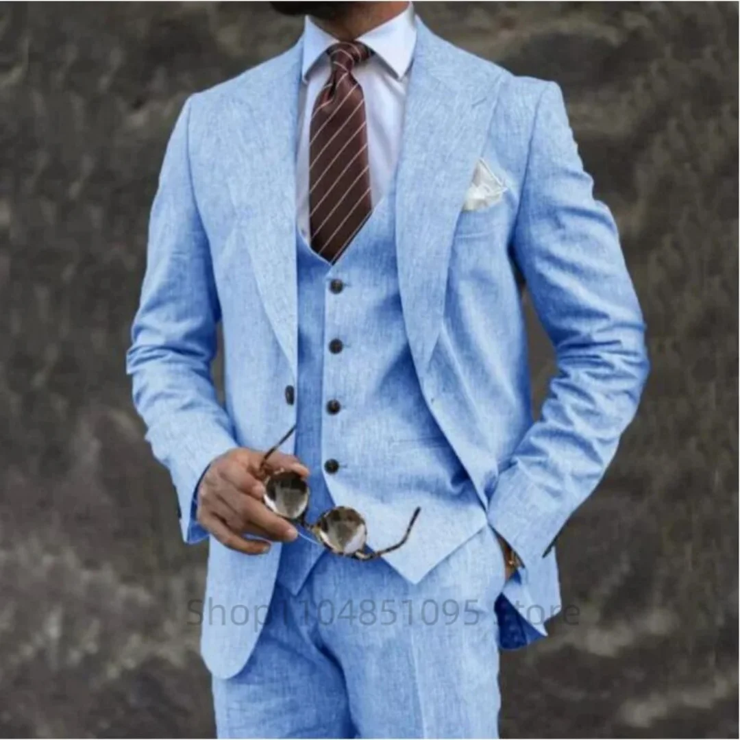 Trajes de lino Beige/azul de alta calidad para hombre, chaqueta ajustada con solapa de pico, chaleco, pantalones, trajes elegantes para fiesta de boda y playa de verano, 3 piezas