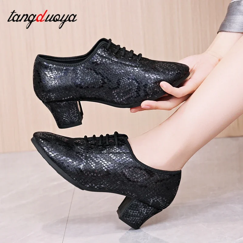 Ladies Modern Dance Shoes Women Adult Square Dance Shoe Mid-Heel Soft Bottom Black Dancing Women's Performance Shoes