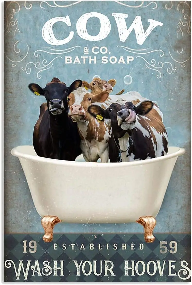 Bathroom Cow Bath Signs Wash Your Hooves Poster Funny Metal Tin Sign Toilet Shower Room House Retro Vintage Tin Sign 12x8 Inches