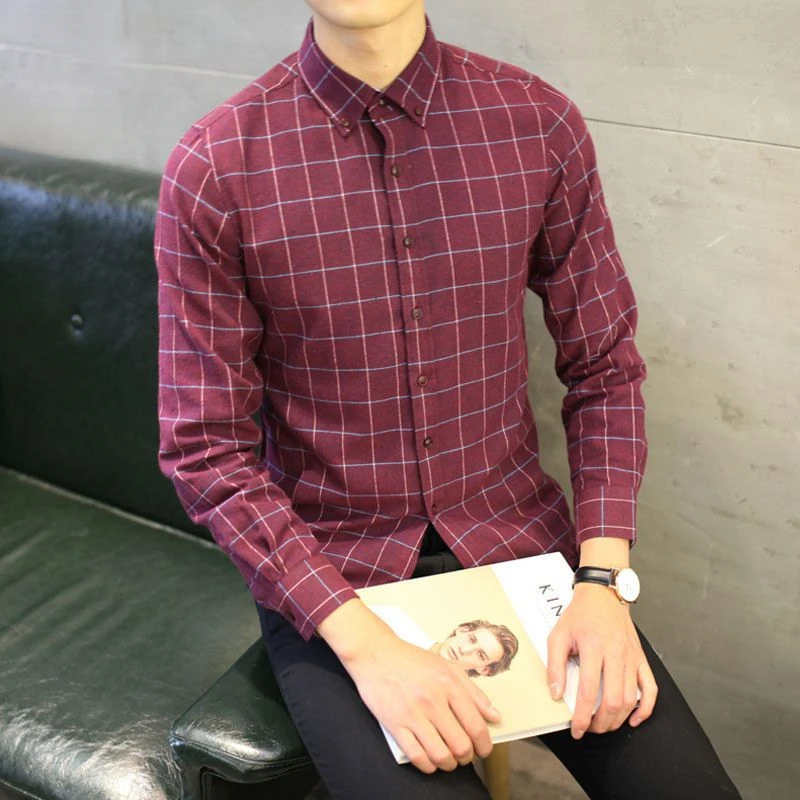 Korean Men Spring Autumn Thicken Shirt Turn-down Collar Plaid Panelled Cotton Long Sleeve Slim Vintage Casual All-match Tops