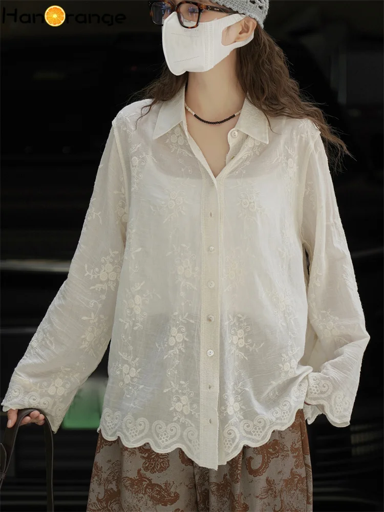 

HanOrange 2025 Autumn Elegant Retro Embroidered Pattern Texture Shirt Women 100% Cotton Temperament Lace Top Beige