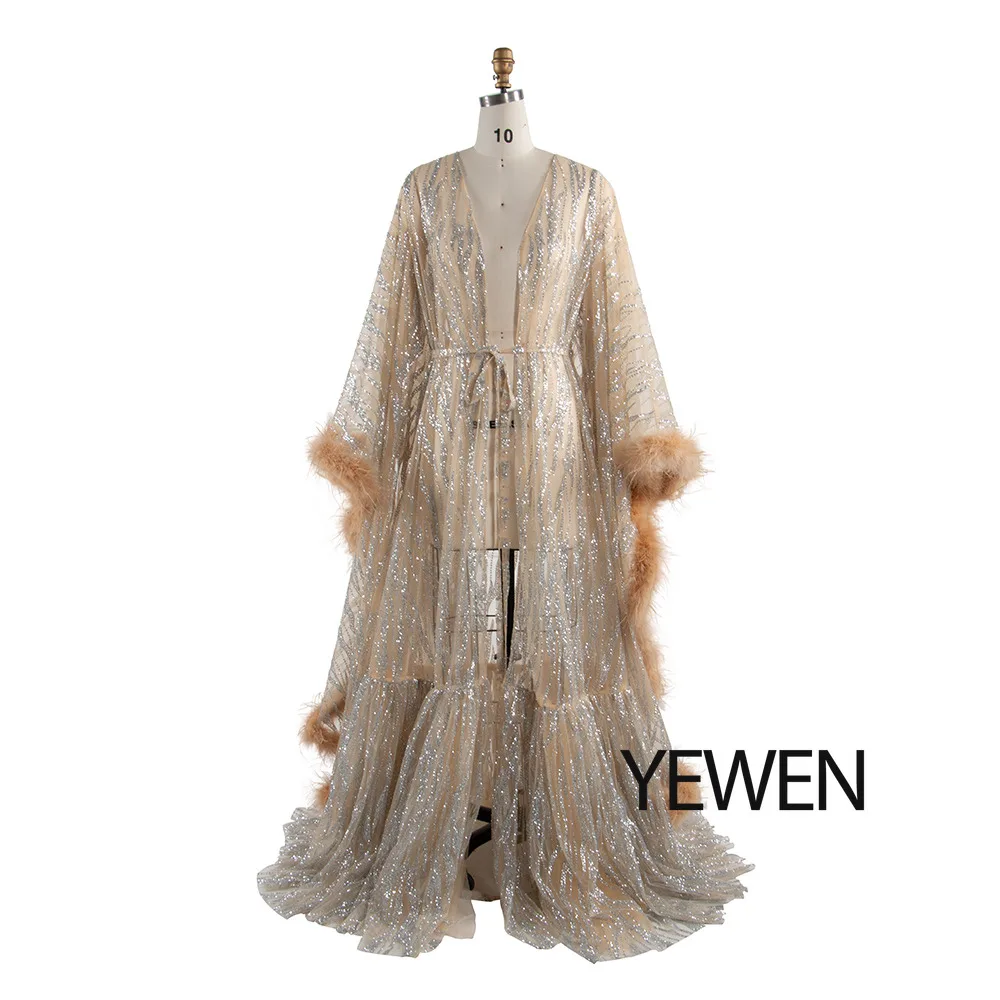 Sparkly Maternity Robe for Photoshoot with Feathers Glitter Sequin Pregnancy Dress Gown for Baby Shower Fancy Photoshoot Props