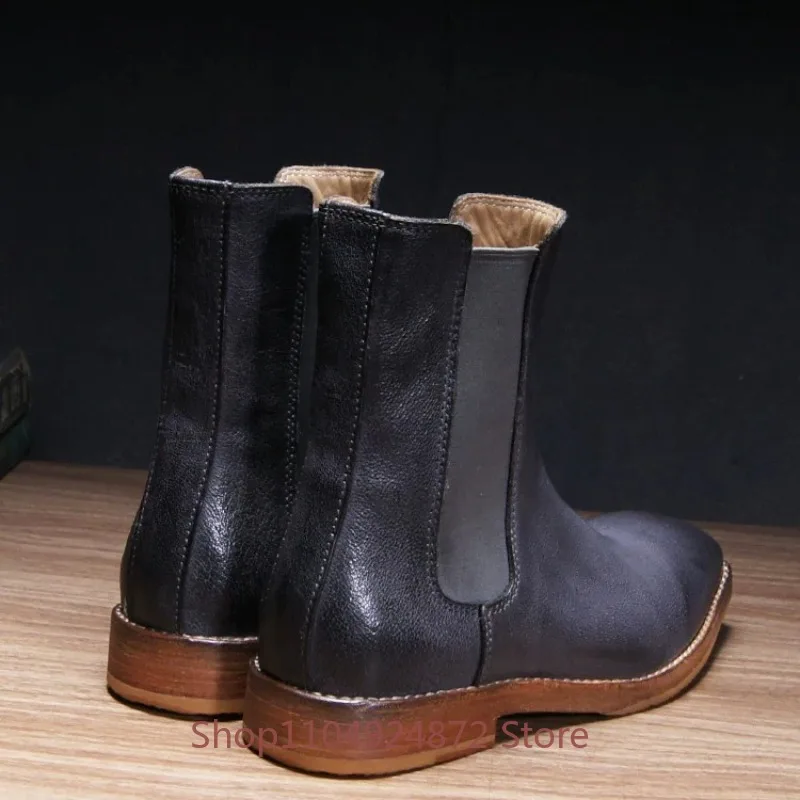 British Style Camel Genuine Leather High Top Chelsea Boots Men's Shoes Handmade Retro Square Toe Business Oxford Work Boots