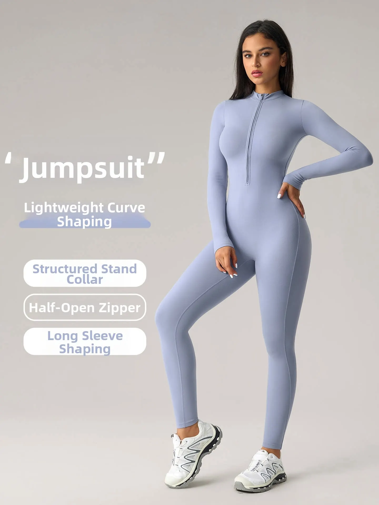 Women Long Sleeve Half‑Zip Yoga Bodysuit High Stretch Tight‑Fit Shaping Butt‑Lifting Slimming One‑Piece Workout Jumpsuit
