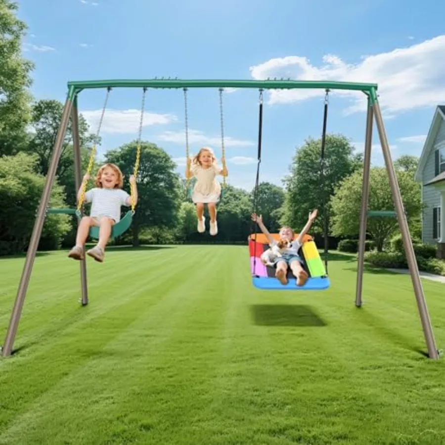 

7.3ft Tall Heavy Duty Swing Set, 3 Swings Metal Swing Sets for Backyard, Big Kids Playset for Playground Outdoor - Brown & Green