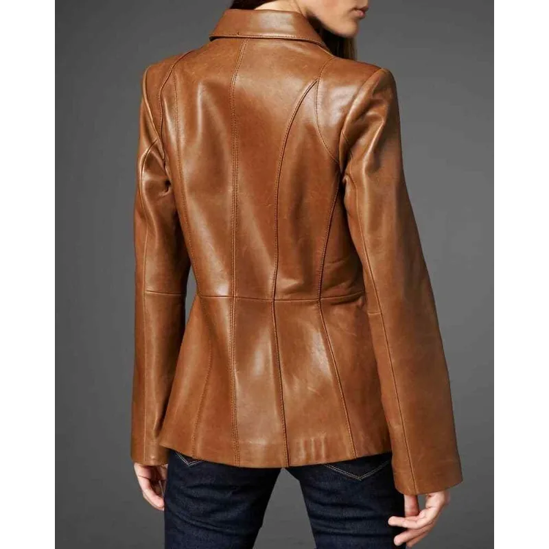 Women's Genuine Lambskin Leather Blazer Hot Jacket Slim Fit Designer Brown Coat