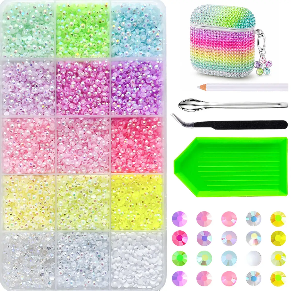1Box 3mm Candy Colors Mini Resin Nail Rhinestones Bedazzling Kit 15 Colors Semi-circular Nail Diamond Gems DIY Phone Case Nails