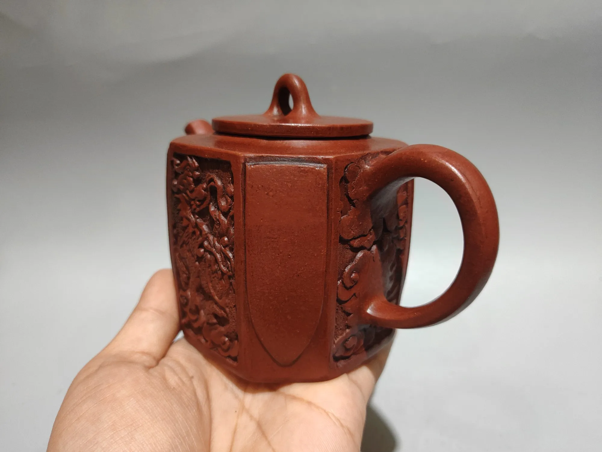 Yixing Purple Clay Pot High relief sculpture Square corner drawing Kirin Pot Antique colored teapot kettle teapot Tea Charm