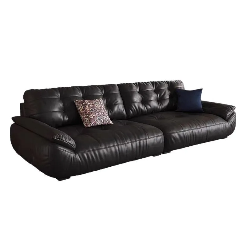 

Italian retro cloud leather sofa first layer cowhide living room small apartment straight row black medium antique style