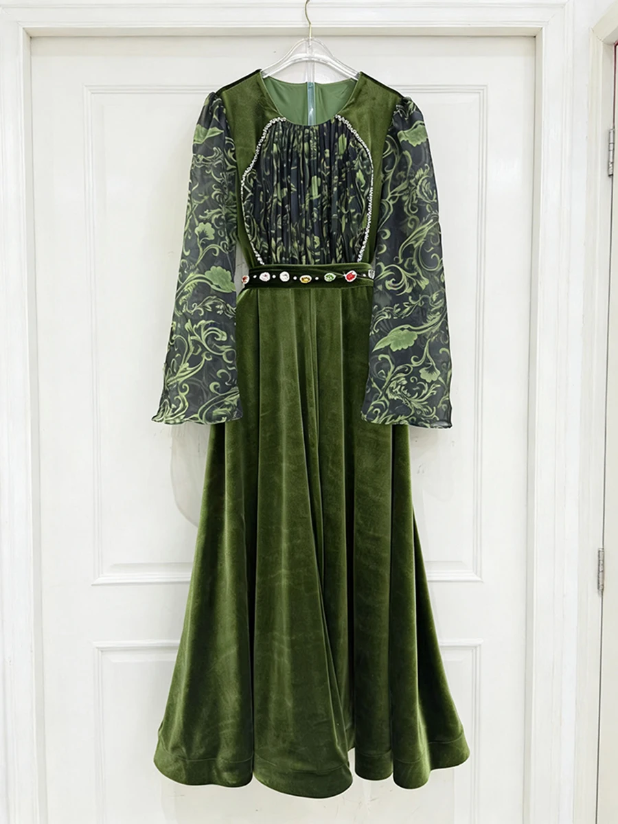 VGH ريترو فاخر المرقعة حزام معدني فستان مخملي للنساء س الرقبة طويلة الأكمام تقسم طباعة بقماش شفاف فساتين متوسطة الطول الإناث #6