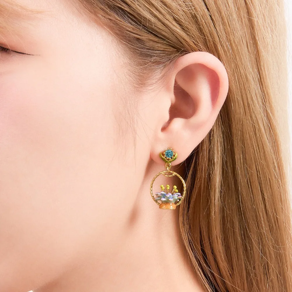 Bohemia Small Fresh New Chinese Style Flower Basket Earrings Oil Painting Style High-end Enamel Retro National Style Earrings