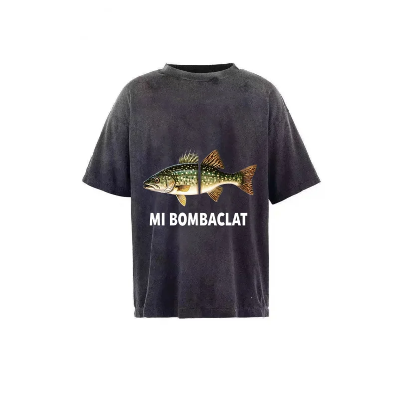 تي شيرت رجالي مغسول مطبوع عليه سمكة سوداء MI BOMBA CLAT جودة عالية 100% قطن 230 جرام #2