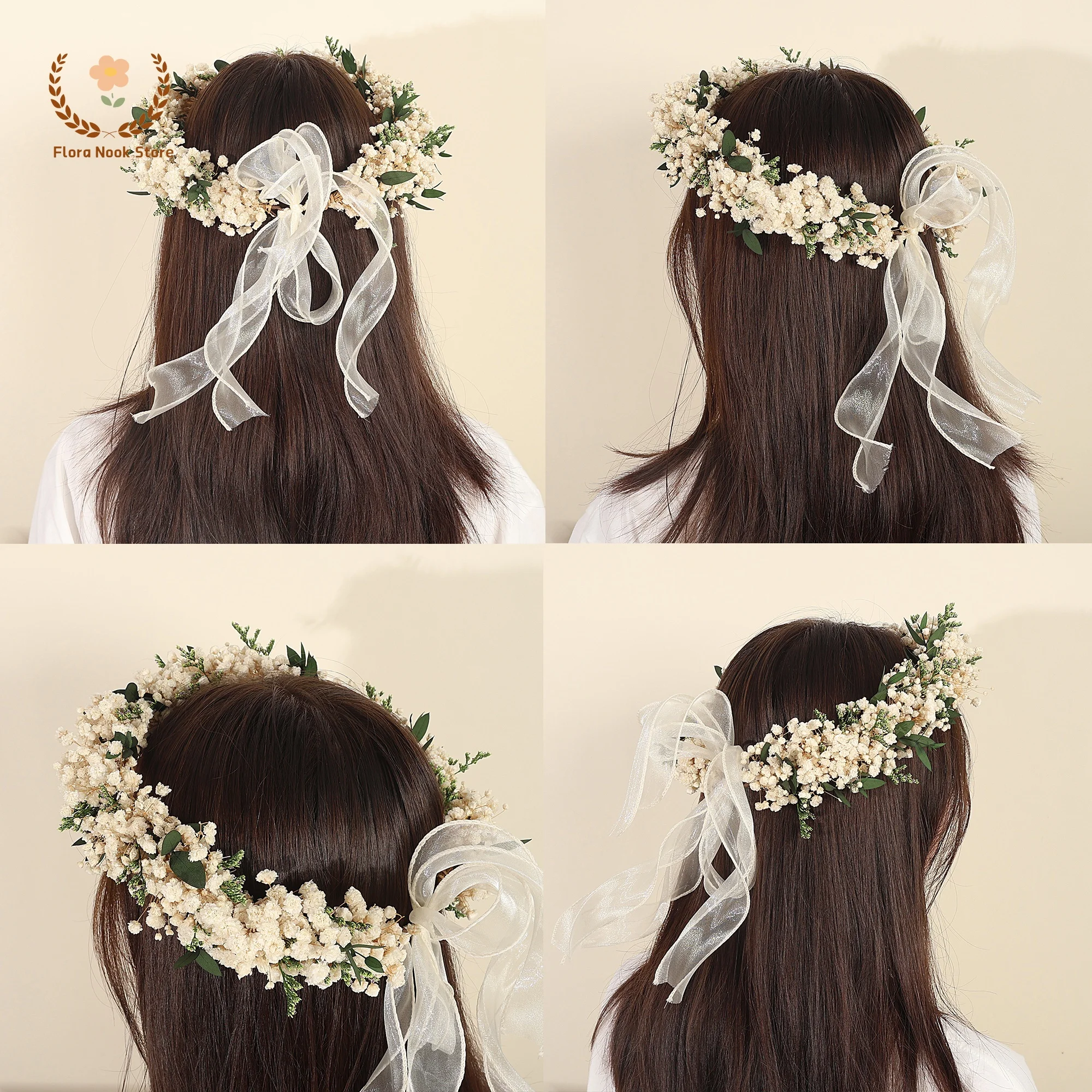 Imagen 7: Corona de aliento de bebé hecha a mano, flores secas, hojas de eucalipto, corona Gypsophila, diadema de novia, decoración de pelo de boda para niña