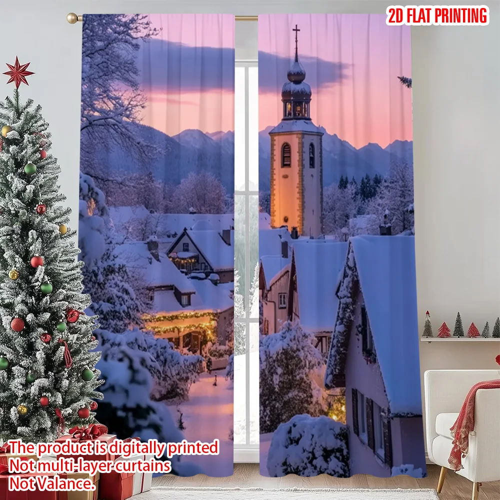 

2pcs 2D flat printing Merry Christmas Party Curtains Winter_ Polyester Without Electricity Spring Perfect for Holiday Family