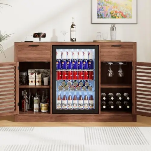 Coffee Bar Cabinet with Fridge Space & Power Outlets, Fluted Home Bar Cabinet with Wine Rack & Glass Holder, Mini image 4