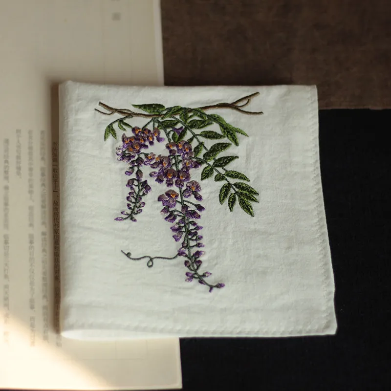 Chinese Style Hanfu Wisteria Embroidery Cotton Handkerchief Soft Absorbent Portable Hanky 7 Colors Ideal Birthday Gift For Women