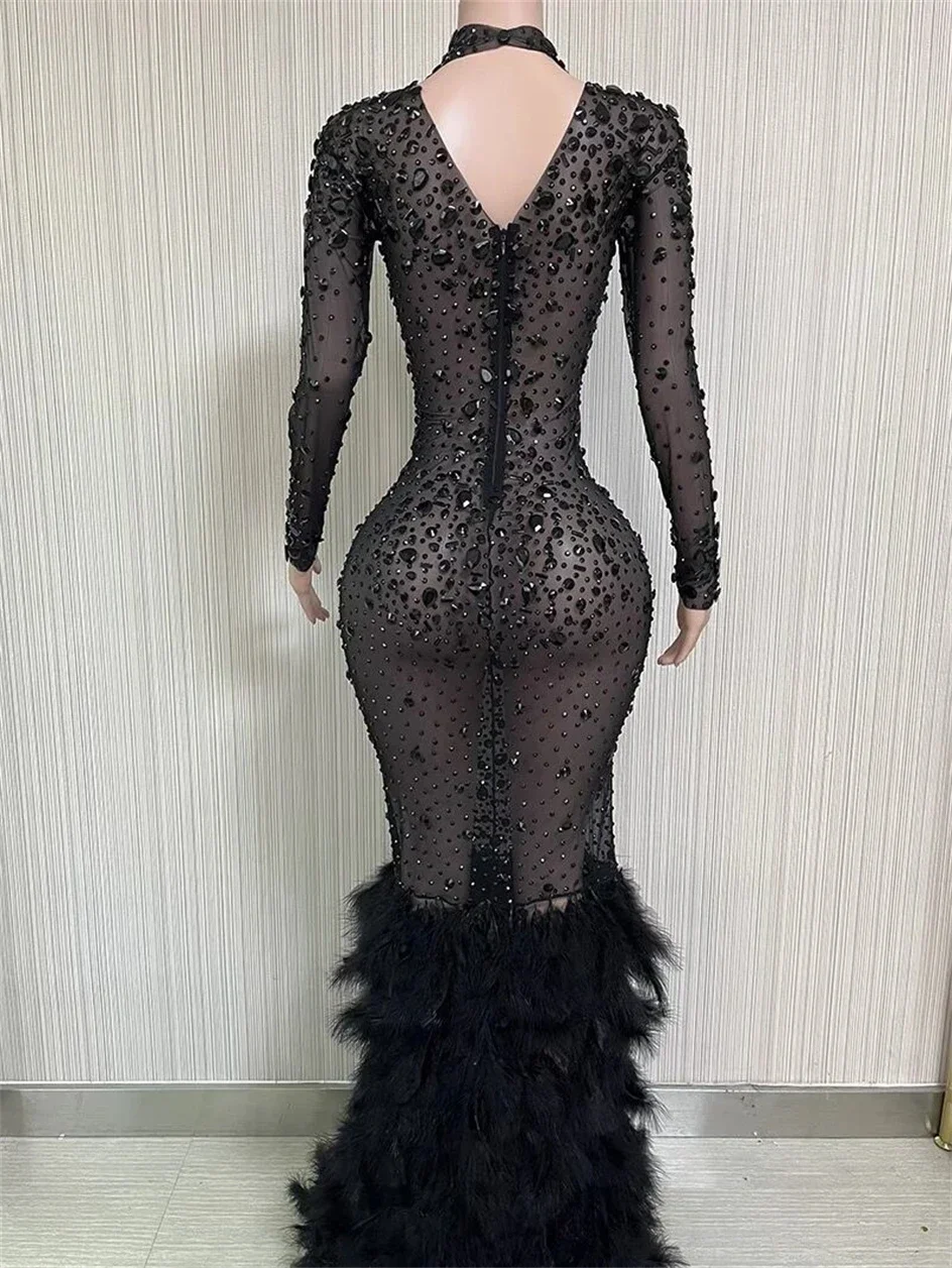 Black Luxury Rhinestones Grand Feather Sexy Sheath Dress Evening Party Performance Costume Bar Nightclub Singer Dancer Stage Wea