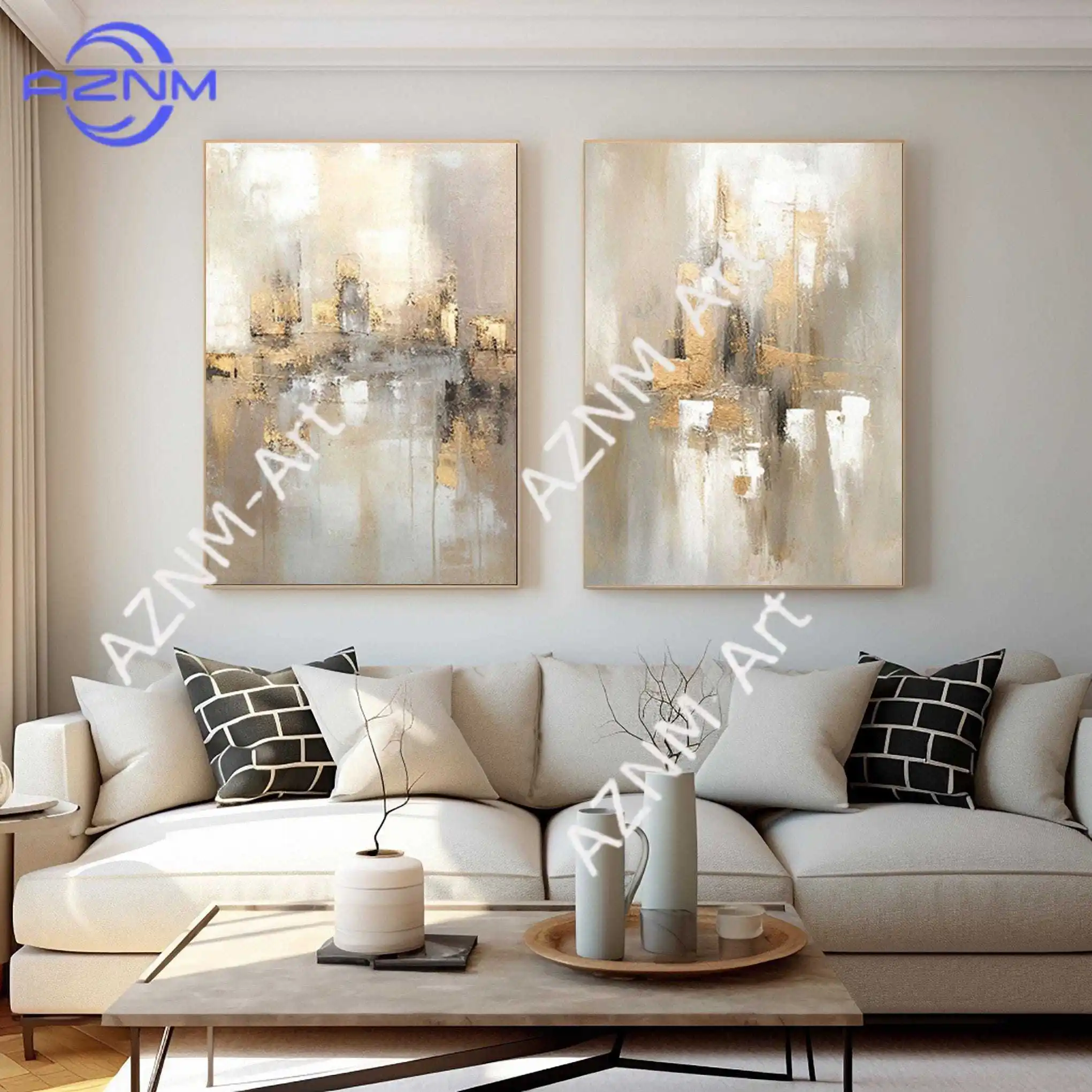 1/2-teiliges Modernes Abstraktes Gemälde-Set: Beige-Grau-Gold Strukturierte Wandkunst