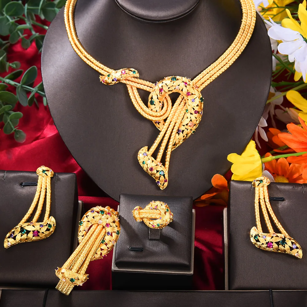 GODKI Luxury FLower Floral 4PCS DUBAI Jewelry Sets For Women Wedding Cubic Zircon Crystal CZ Indian African Bridal Jewelry Sets