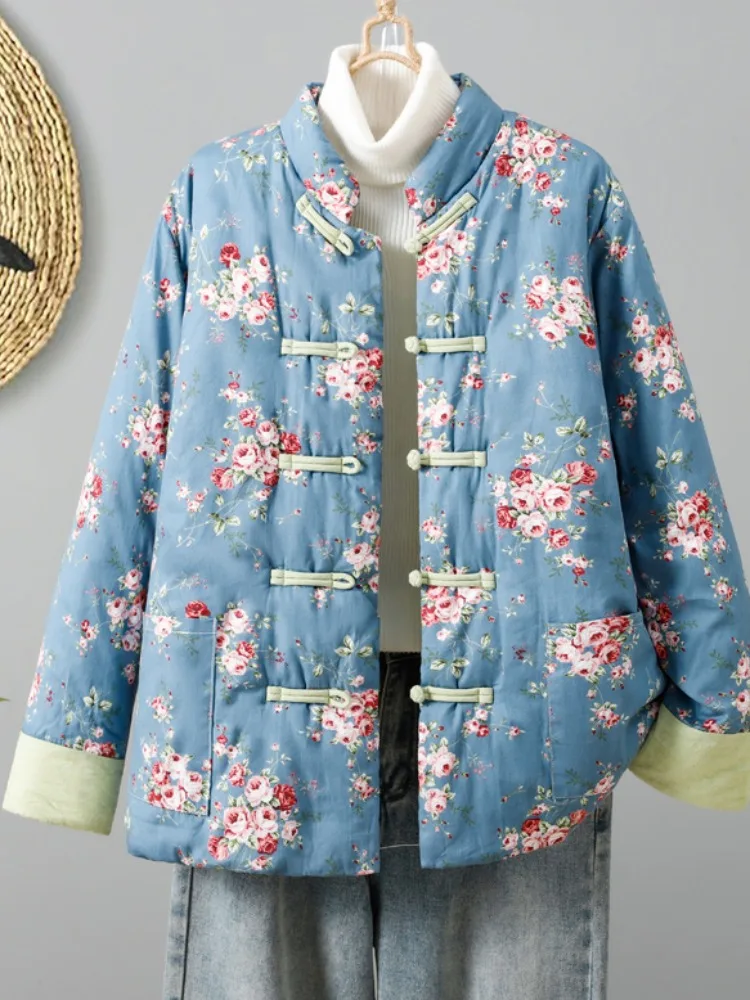 

Хлопковый костюм Jaet Tang с цветочным принтом в стиле ретро, женская зимняя теплая хлопковая одежда, верхняя одежда на пуговицах, хлопок с принтом