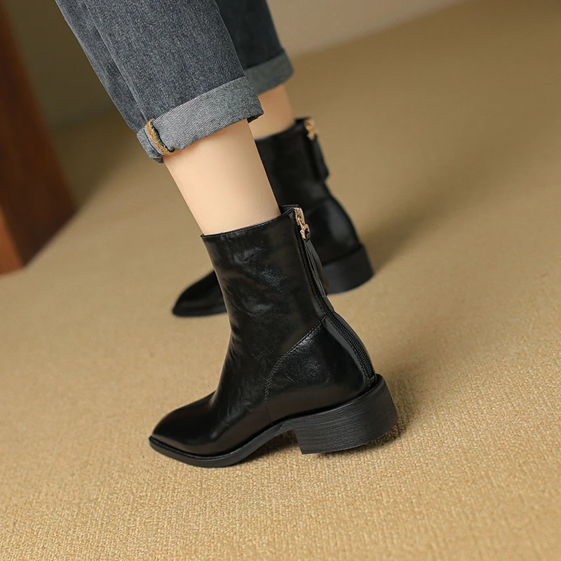 Petite Feet Women Ankle Boots PU Elegant Ladies Back Zipper Brown Black Low Block Heels Booots Fashion Splicing Square Toe Boots