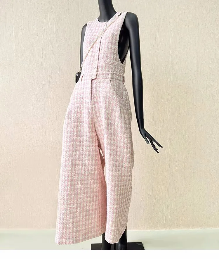 2023 Spring Summer Chic Women's High Quality Elegant Plaid Tweed Wide-leg Pants Jumpsuits C808