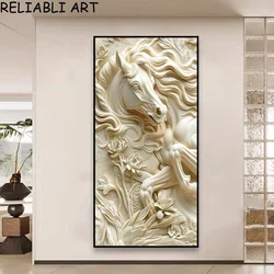 3D Sculpture White Flower Horse Animal Poster and Print Canvas Painting Wall Art Picture For Living Room Home Decor No Frame
