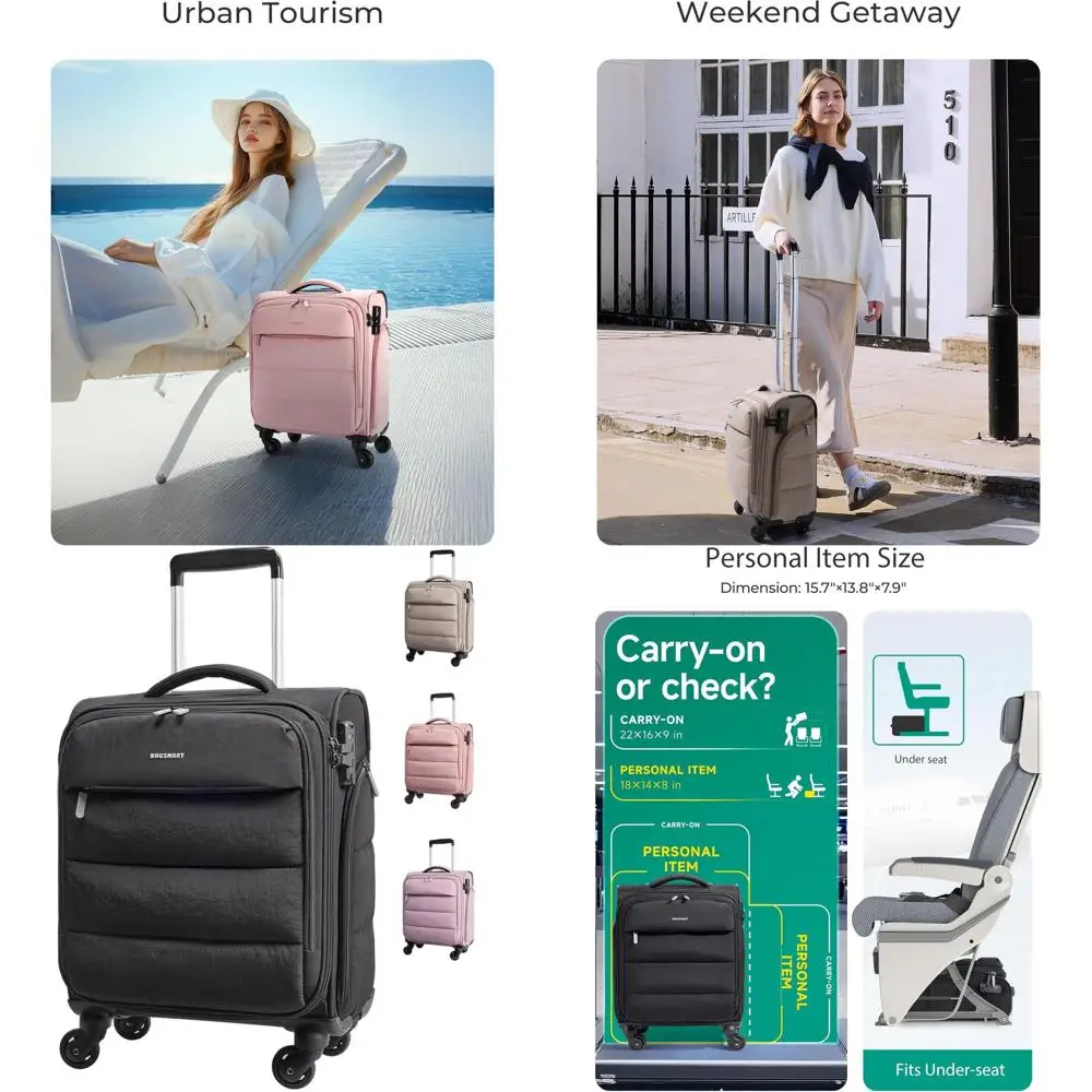 

Compact Rolling Underseat Bag with PVC Pockets, Lightweight Softsuitcase for Travel, Black