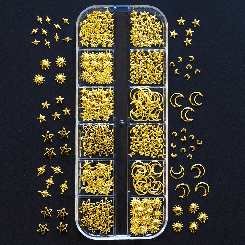 12 grades 3d sol/lua/estrela unhas ouro metálico rebite studs ouro oco estrela lua liga encantos do prego luz das estrelas arte do prego decora y2k #