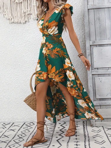 Vestido de longitud media con abertura floral estilo vacaciones de verano europeo y americano
