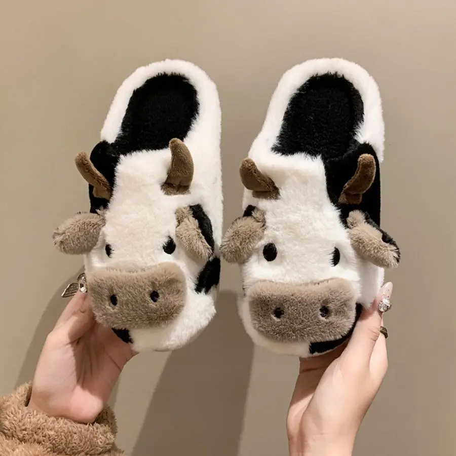 Winter Slippers Cute Women Girls Kawaii Fluffy Warm Plush Slippers Cartoon Milk Cow House Cotton Shoes Funny Casual Shoes