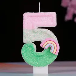 1 ST Verjaardag Nummer 5 Kaarsen, Regenboog Thema Verjaardagskaarsen voor Taart, Roze Groen Cijfer Kaars Taart Topper met Pailletten