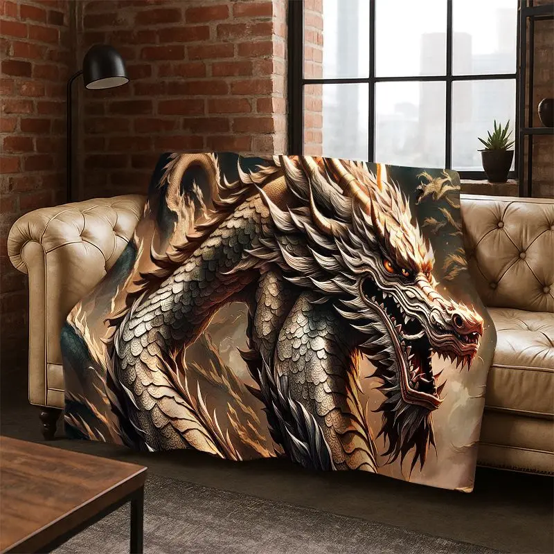Chinese Dreamy Dragon Loong Cartoon Flannel Blanket Soft Warm Throw Blanket for Bedroom Living Room Bed Travel Camping Picnic