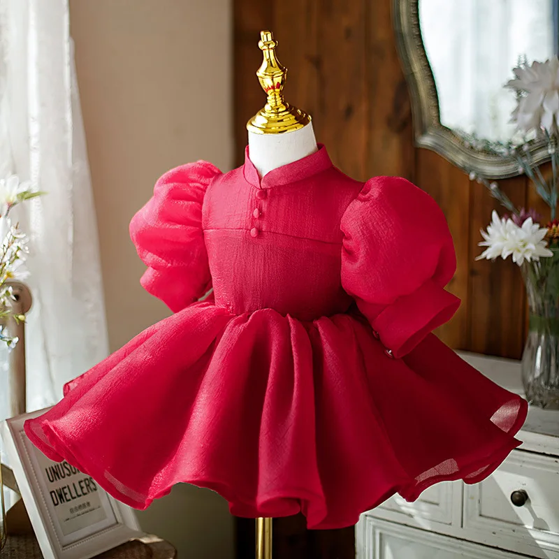 2024 Red Solid Baby Clothes Girl Princess Dress New Fashion Girls Evening Costumes Vintage Elegant Dresses for Kids Birthday