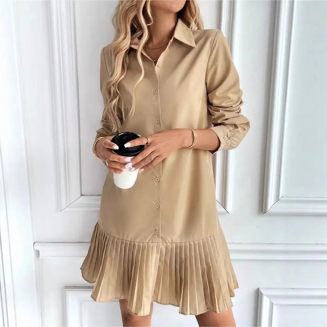 فستان أنيق للتنقل موضة الخريف قميص ذو طية صدر السترة بلون واحد مقسم ​ ​ فساتين مطوية ملابس نسائية عادية