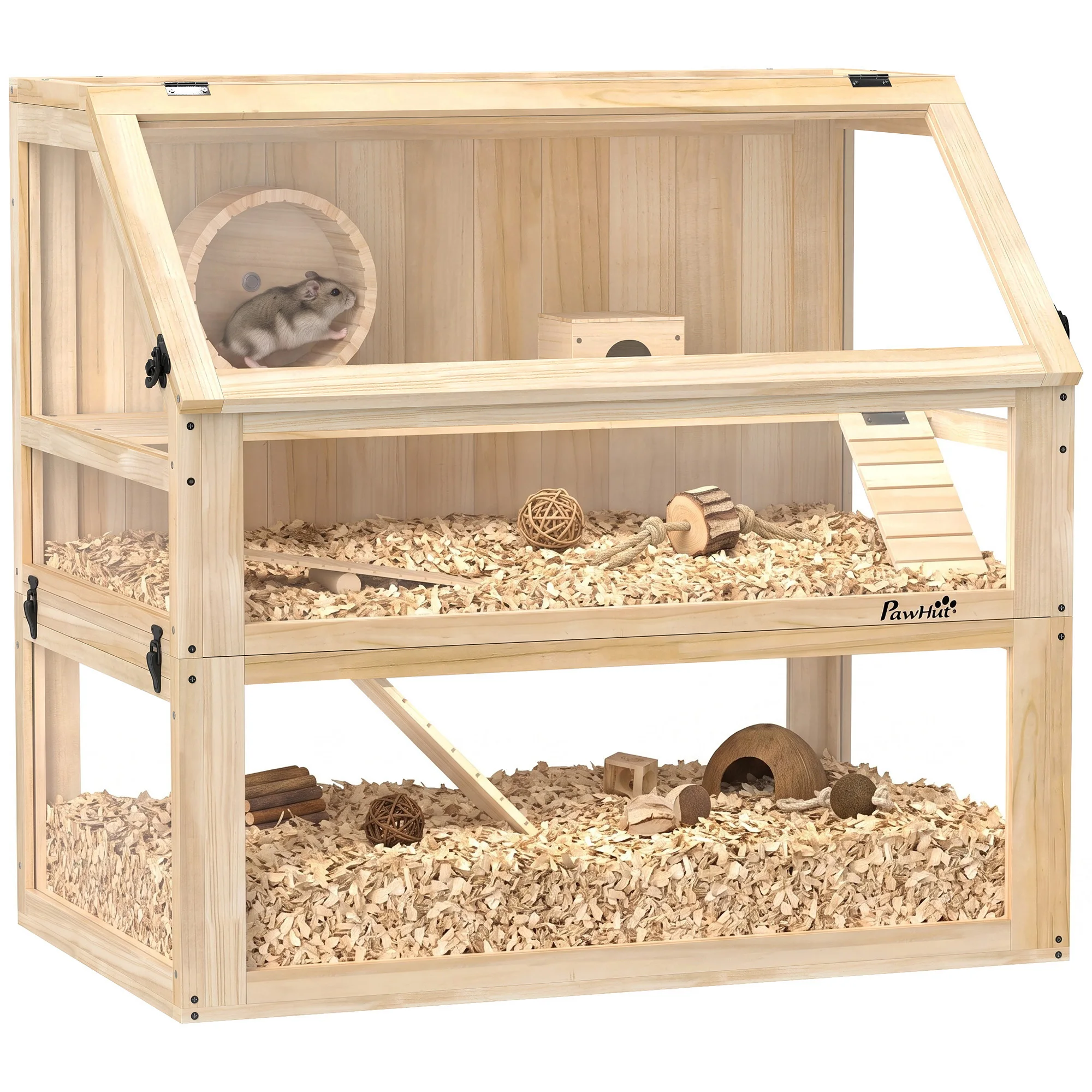 Pawhut houten hamsterkooi met 3 niveaus, geschikt voor kleine knaagdieren, met een uitneembare, diepe bodem, een schommel, een oefenwiel, hellingen, een huisje en transparante panelen. Geschikt voor