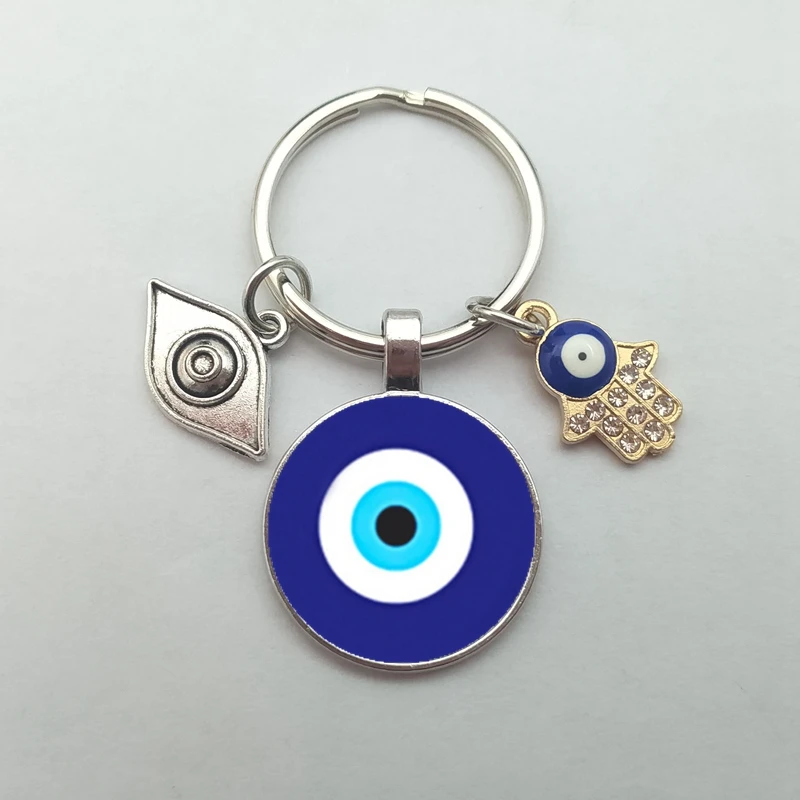 Beautiful Blue Evil Eye Religious Photo Round Glass Keychain Evil Eye Pendant Keyring Eyelashes Big Evil Keychain Jewelry Gift