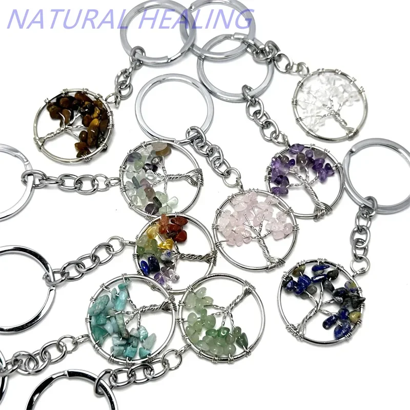 10pcs Women Natural Chip Quart Stone Bead 30mm Heart Round Tree of Life Keychains Lanyard Wholesale Key Rings